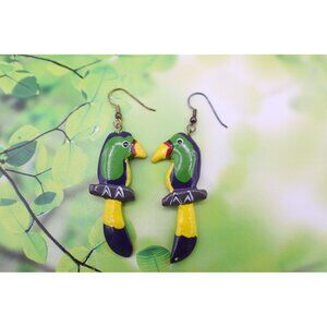 Handmade Painted Parrot Earrings Bird Exotic Bright Color Unique French Hook Vtg
